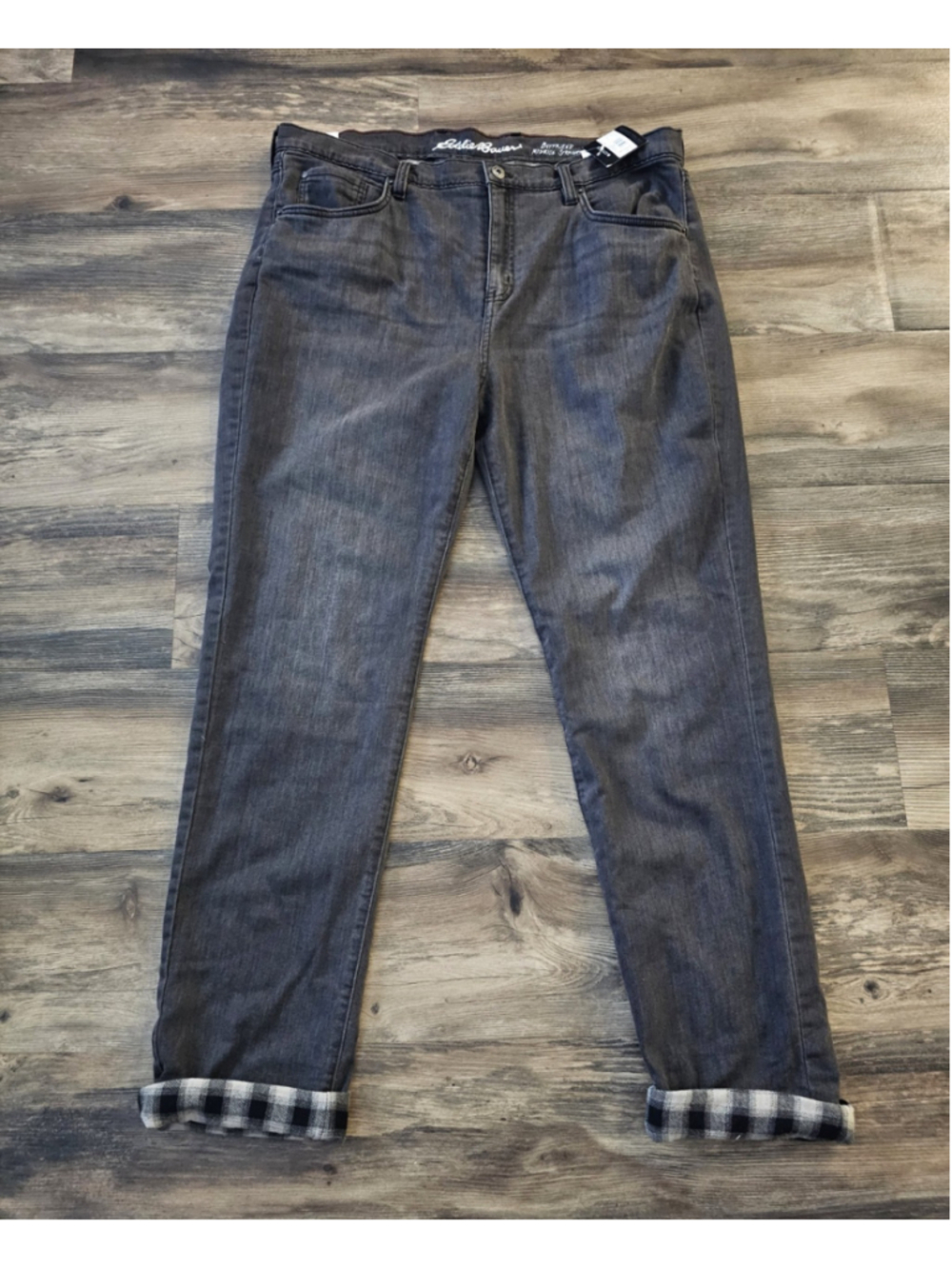 Eddie Bauer Womens Flannel Lined Jeans Sz 16T Boyfriend Gray Cuffs, Mid Rise